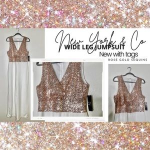 New York & Co Rose Gold Sequins Wide Leg Jumpsuit NEW WITH TAGS